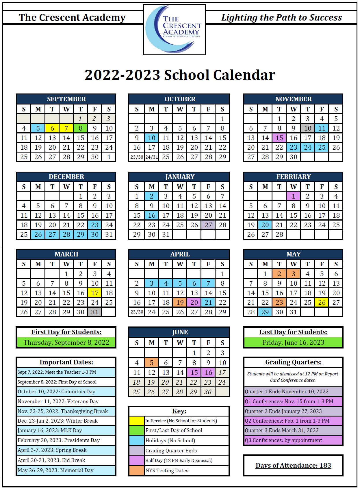 Calendar The Crescent Academy